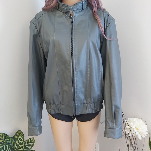 Mario Delfino vintage leather bomber jacket gray zip up moto biker - Picture 4 of 16